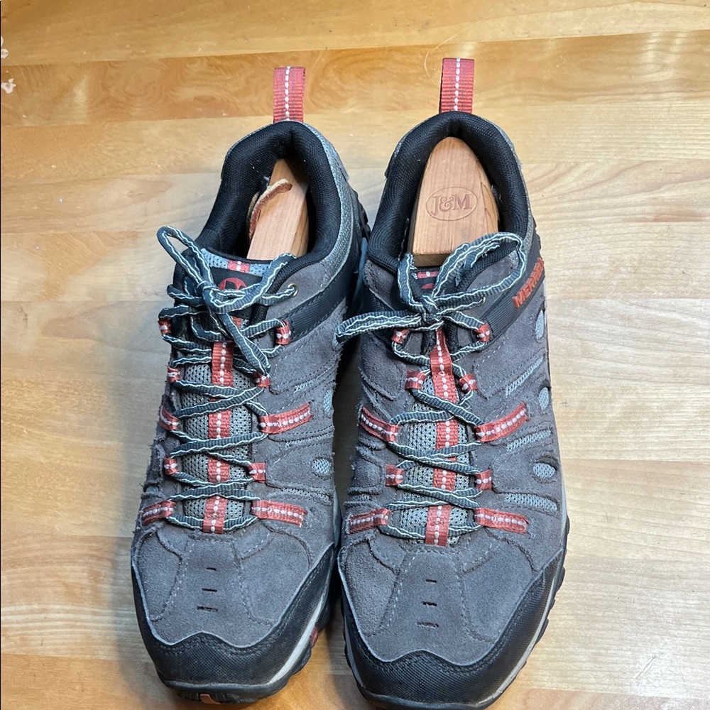 Merrell Gray Suede Trail Sneakers with Red Highlights